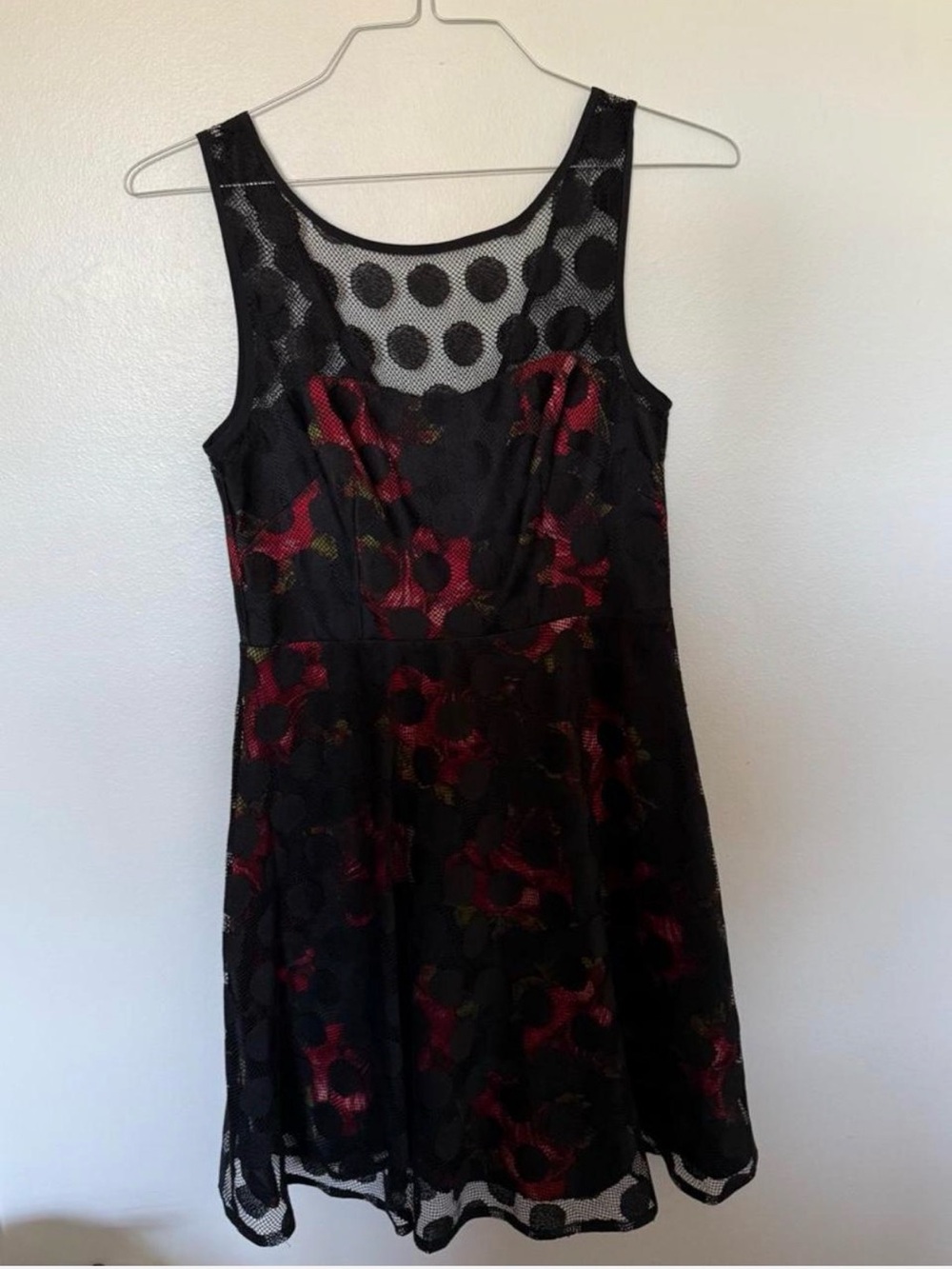 Betsey Johnson Rose Print Dress with Lace Overlay